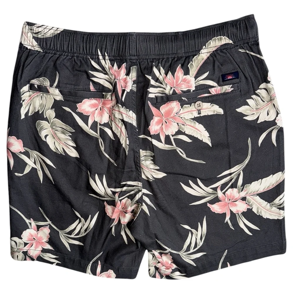 Faherty Black Floral Flat Front Shorts with Pink & Cream Print